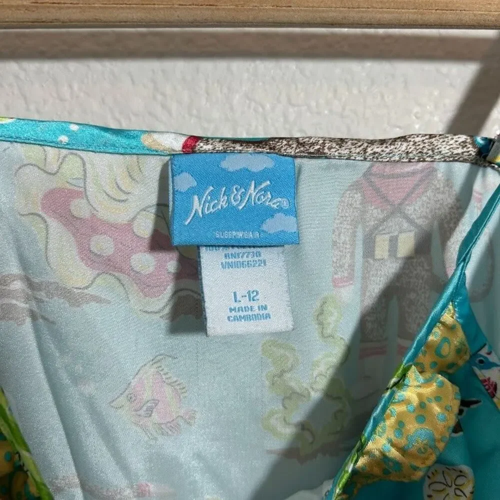 NICK & NORA Nightgown Dress Girls L 12 Blue Satin Slip Under The Sea Water